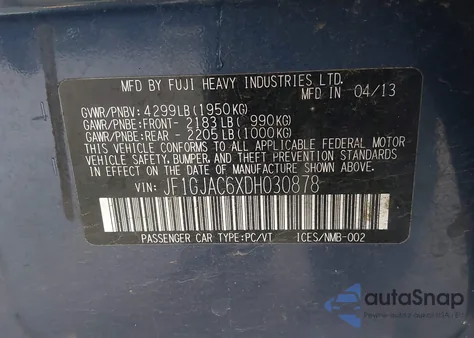 2013 Subaru Impreza 2.0I Premium from USA, damaged, VIN JF1GJAC6XDH030878